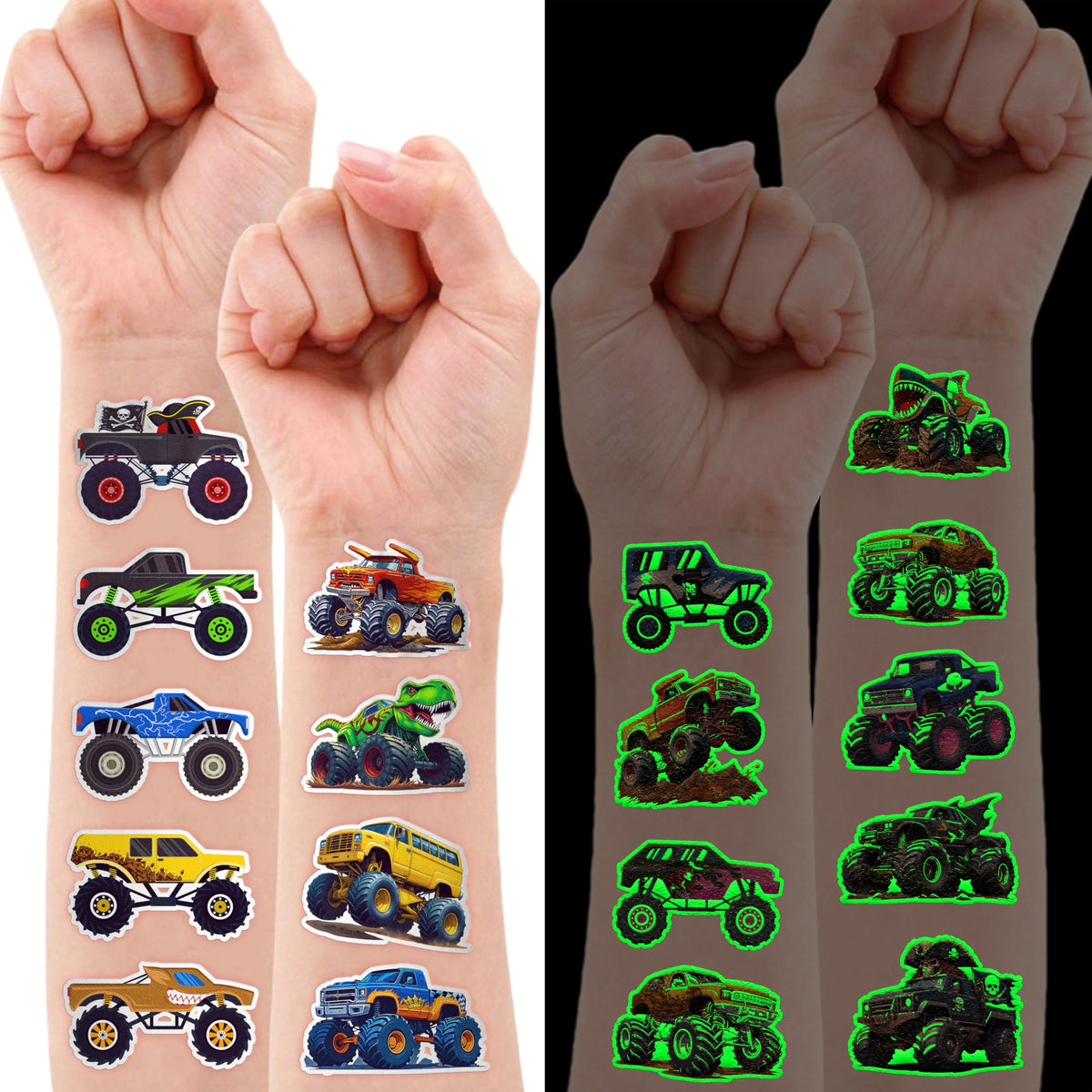 Close-up of Monster Truck glow in the dark tattoo design