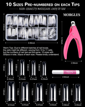 Close-up of MORGLES clear nail tips in various sizes