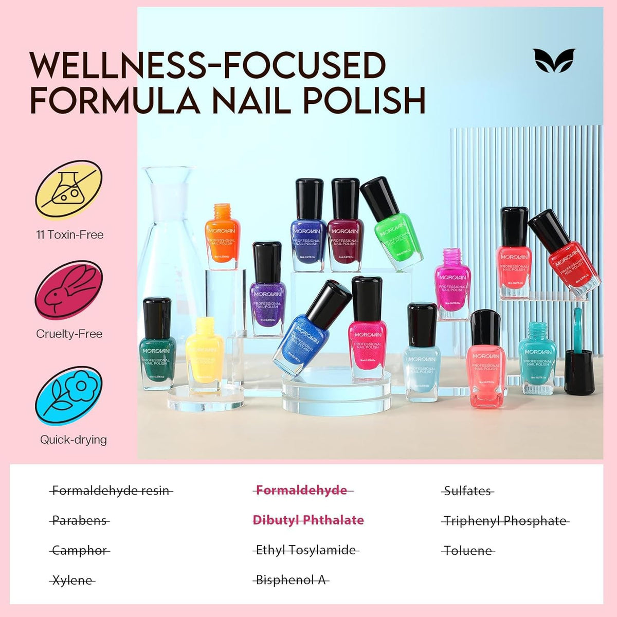 Close-up of Morovan Nail Polish bottle showing glossy finish