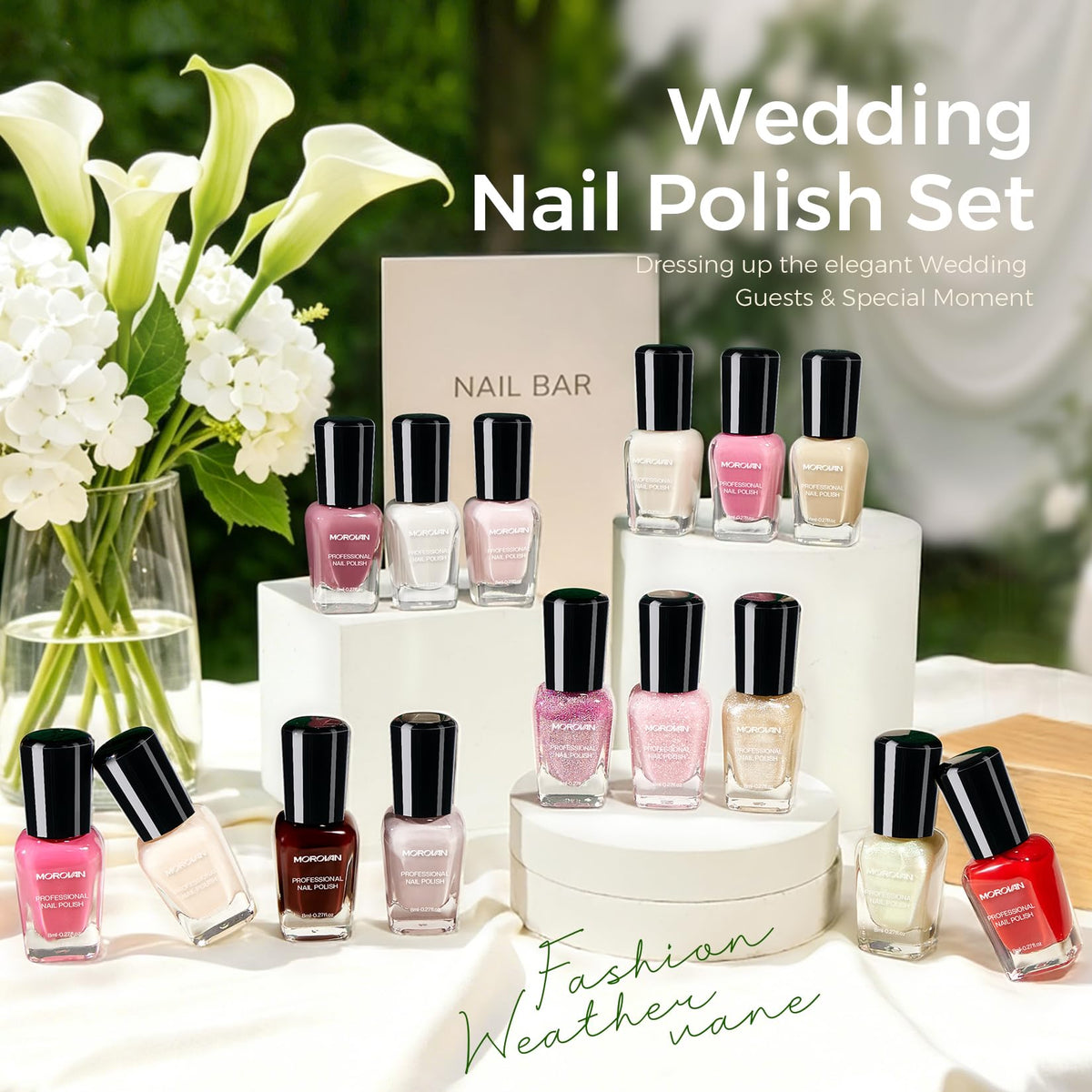 Close-up of Morovan nail polish shades in elegant packaging