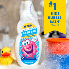 Close-up of Mr. Bubble Extra Gentle Bubble Bath bottle with label