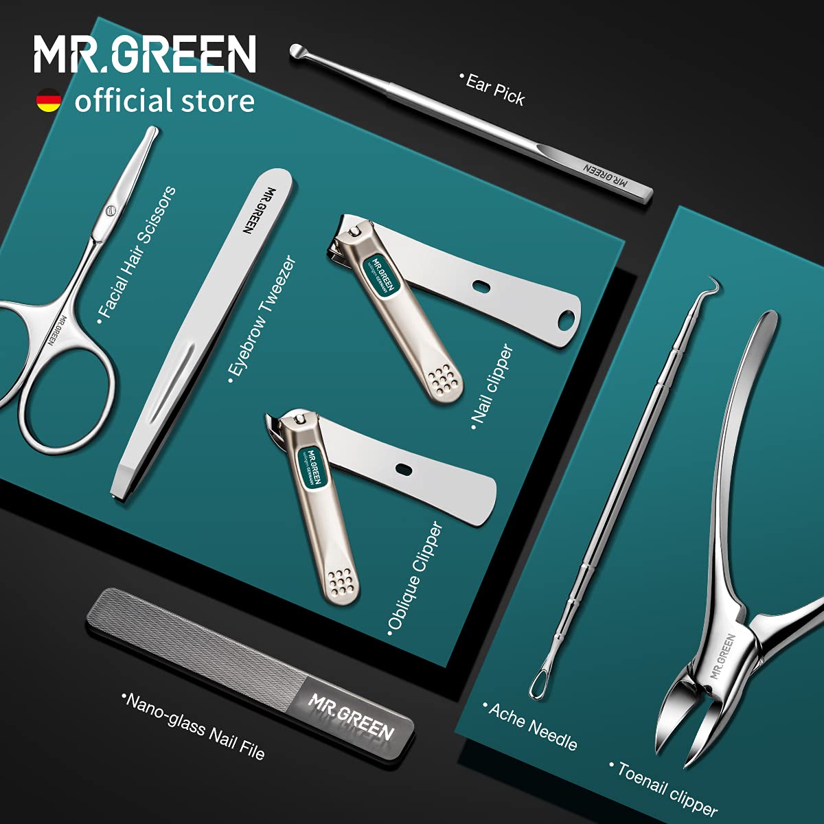Close-up of MR.GREEN facial hair scissors from manicure set