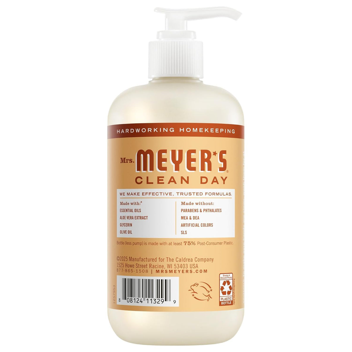 Close-up of Mrs. MEYER'S Lavender hand soap bottle with festive packaging