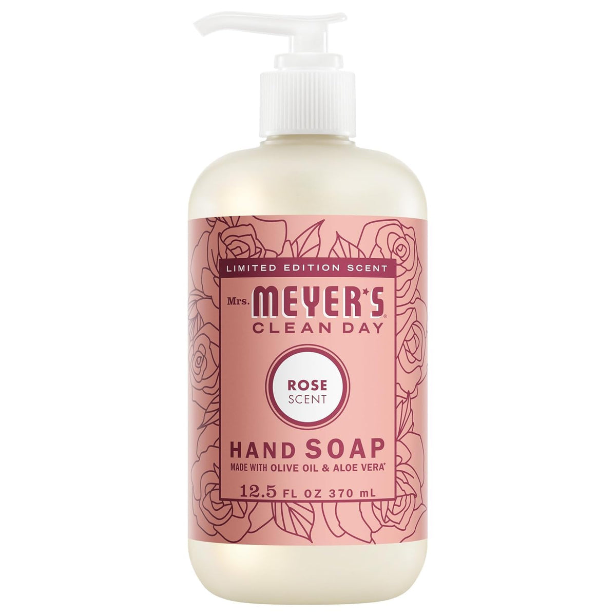 Close-up of Mrs. MEYER'S Liquid Hand Soap Rose scent bottle