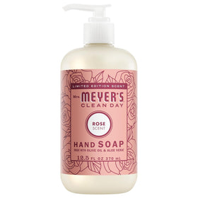 Close-up of Mrs. MEYER'S Liquid Hand Soap Rose scent bottle