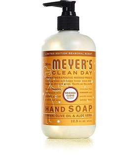 Close-up of Mrs. MEYER'S Orange Clove hand soap bottle
