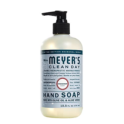 Close-up of Mrs. MEYER'S SnowDrop Liquid Hand Soap label