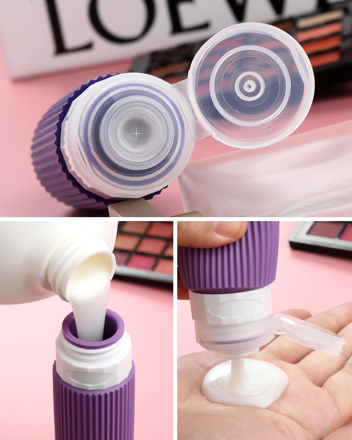Close-up of Mrsdry silicone squeeze bottles in clear bag