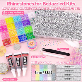 Close-up of multicolour 3mm rhinestones in storage box