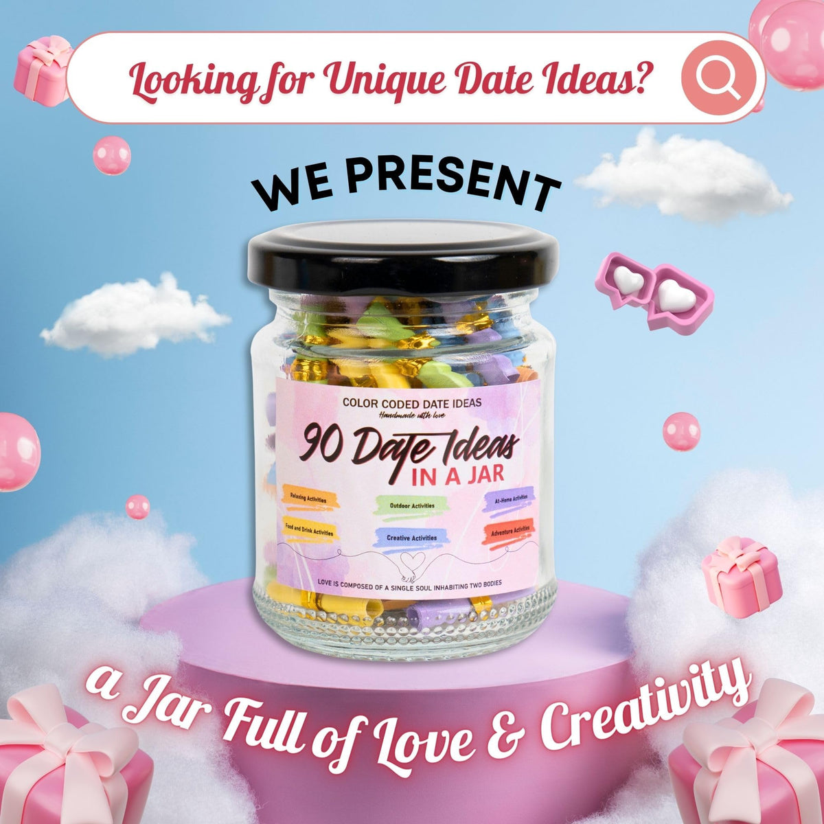 Close-up of Musemory Date Ideas jar showcasing positive affirmation cards