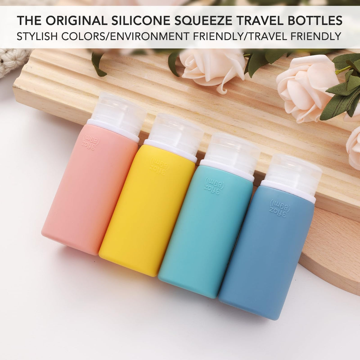 Close-up of Muslish silicone bottles and jars