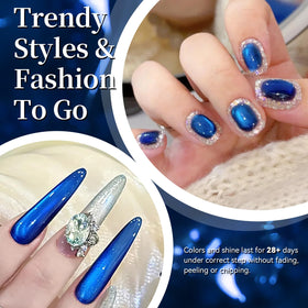 Close-up of nails painted with Born Pretty Royal Blue Cat Magnetic Eye Gel Nail Polish
