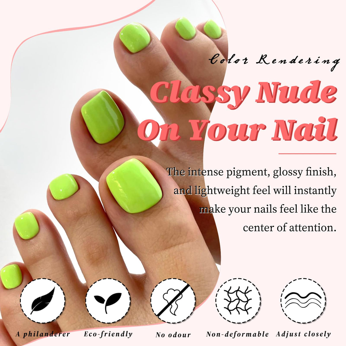 Close-up of neon green fake toenails in various sizes