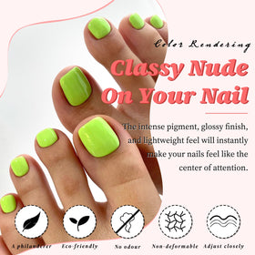 Close-up of neon green fake toenails in various sizes