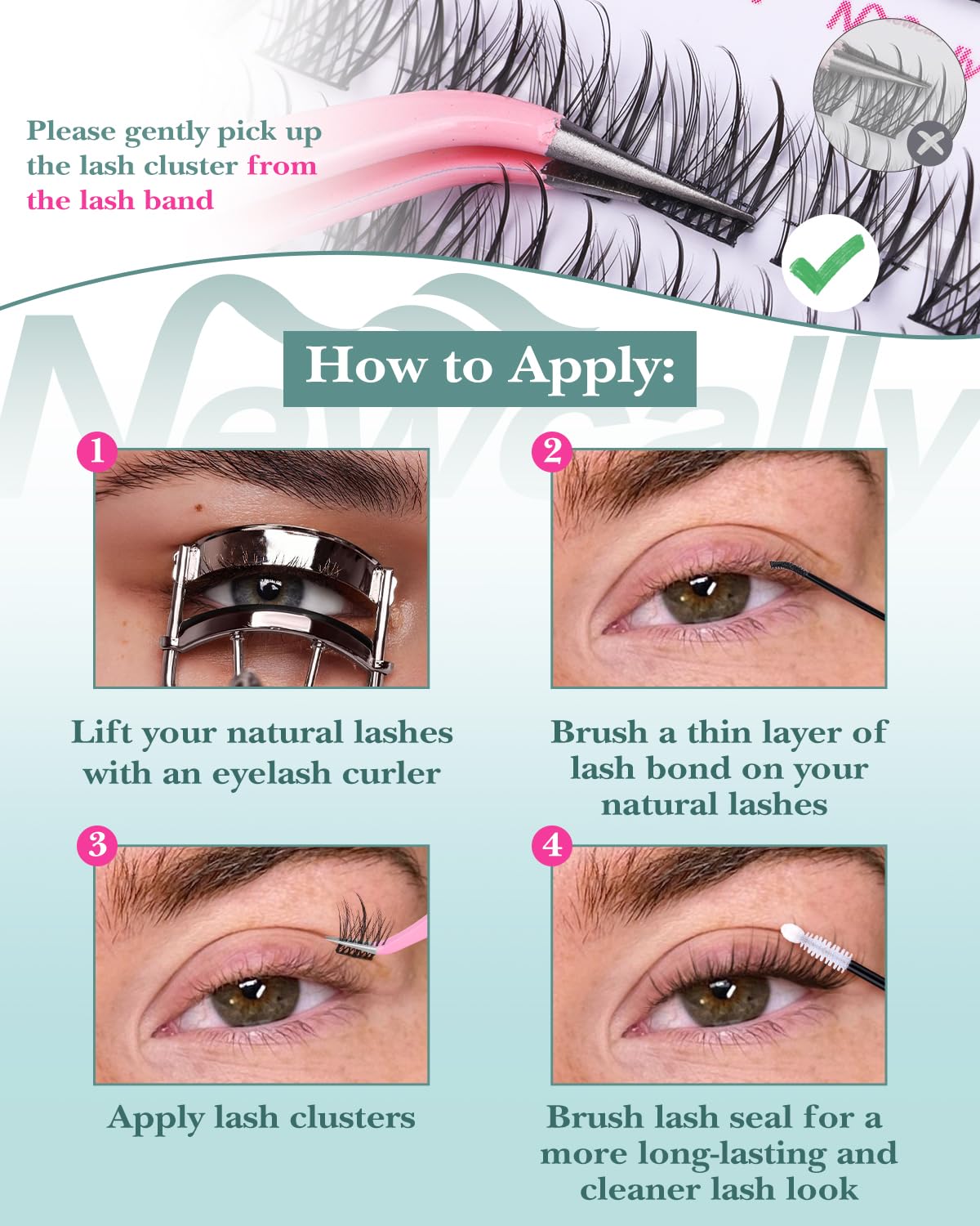 Close-up of Newcally C-curly lash clusters