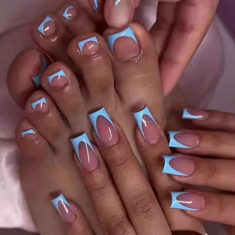 Close-up of NHIXK acrylic press on nails in blue
