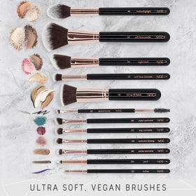 Close-up of Niré makeup brushes with holder case
