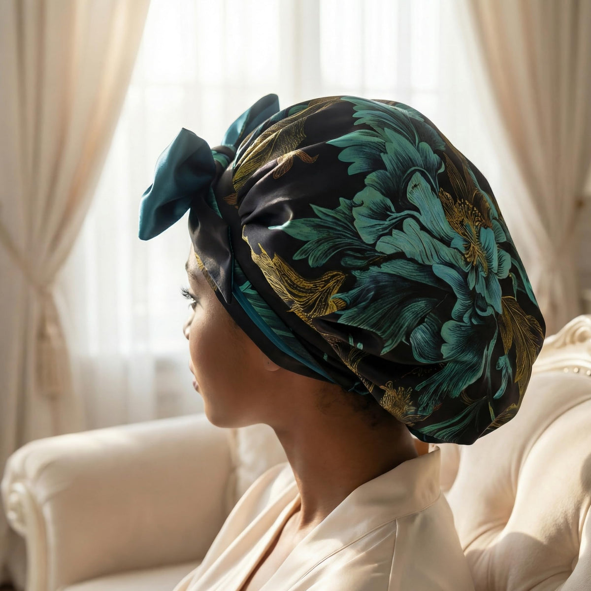 Close-up of Nochka Fashion silk bonnet adjustable ties