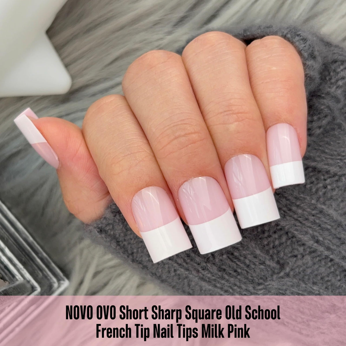 Close-up of NOVO OVO French Short Square Nail Tips showing the Milky Pink colour