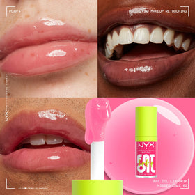 Close-up of NYX Fat Oil Lip Drip applicator and gloss texture