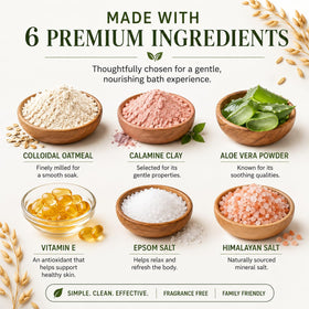Close-up of Oats Garden Colloidal Oatmeal Bath Soak ingredients