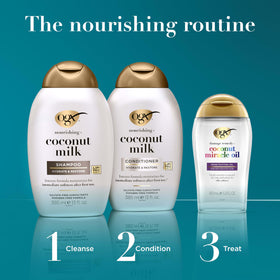 Close-up of OGX Coconut Milk Conditioner bottle
