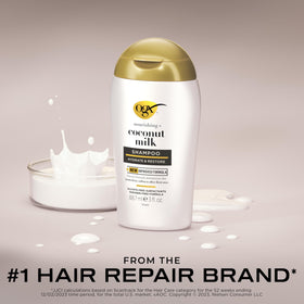Close-up of OGX Nourishing + Coconut Milk Shampoo label