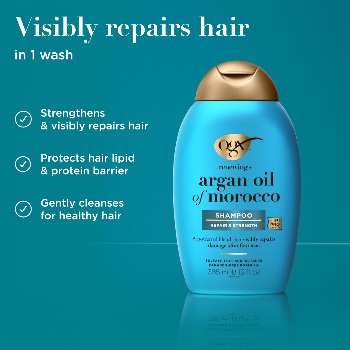 Close-up of OGX Renewing + Argan Oil of Morocco Shampoo label