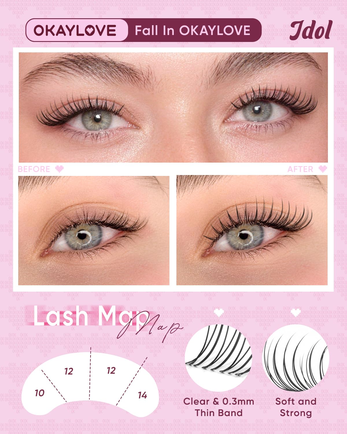 Close-up of OKAYLOVE lash clusters showing fine wispy fibres
