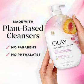 Close-up of Olay Fresh Radiance Body Wash texture on hand