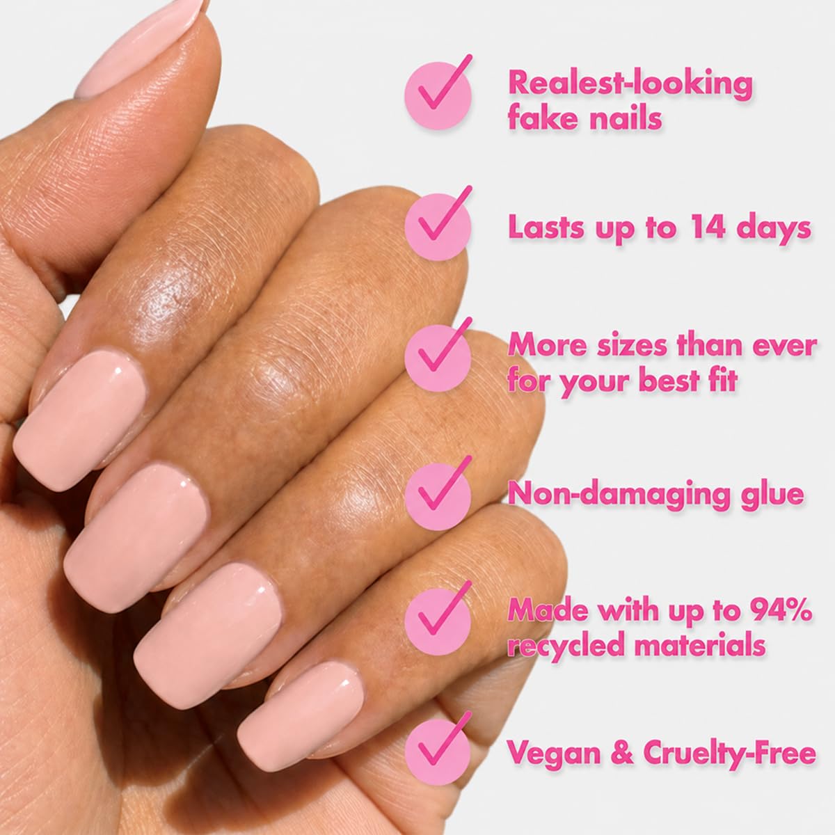 Close-up of Olive & June Instant Mani Press-On Nails showing various sizes