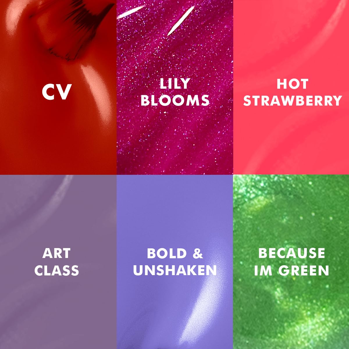 Close-up of Olive & June nail polish shades including Bold & Unshaken and Hot Strawberry