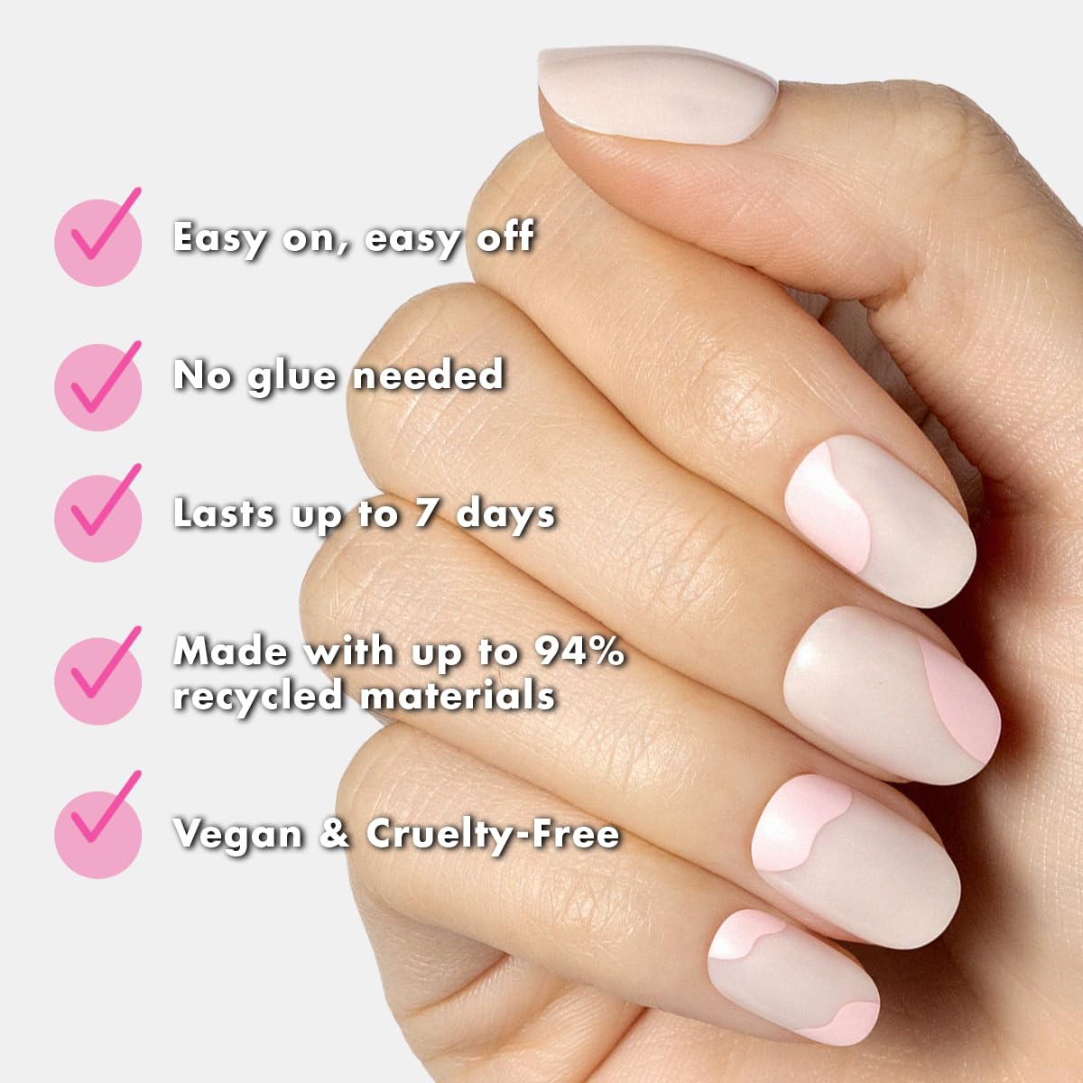 Close-up of Olive & June Super Stick Press-On Nails with adhesive tabs