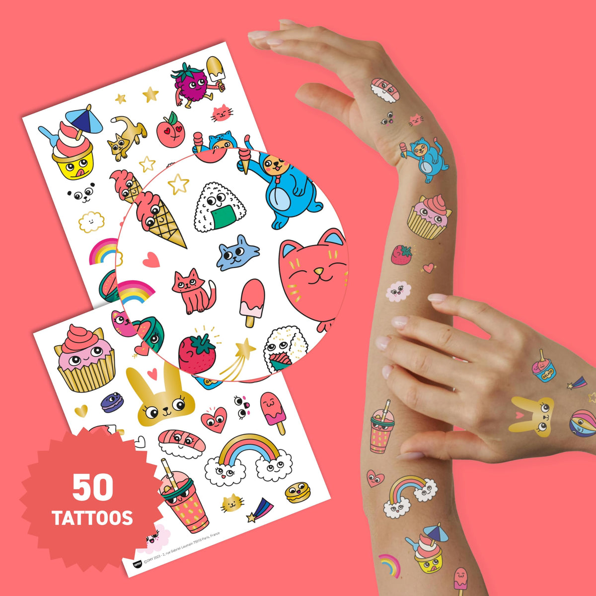 Close-up of Omy Kawaii Temporary Tattoos showing vibrant designs