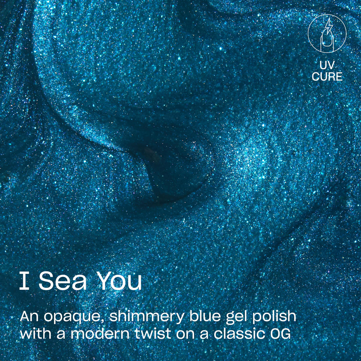 Close-up of OPI I Sea You gel polish bottle showing blue shimmer