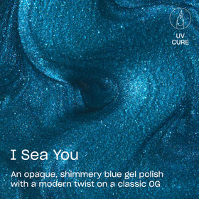 Close-up of OPI I Sea You gel polish bottle showing blue shimmer
