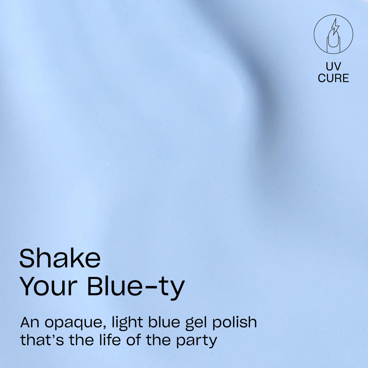 Close-up of OPI Shake Your Blue-ty gel polish bottle