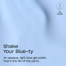 Close-up of OPI Shake Your Blue-ty gel polish bottle