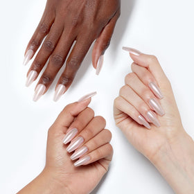 Close-up of OPI xPRESS/ON Throw Me a Kiss nails in soft pink