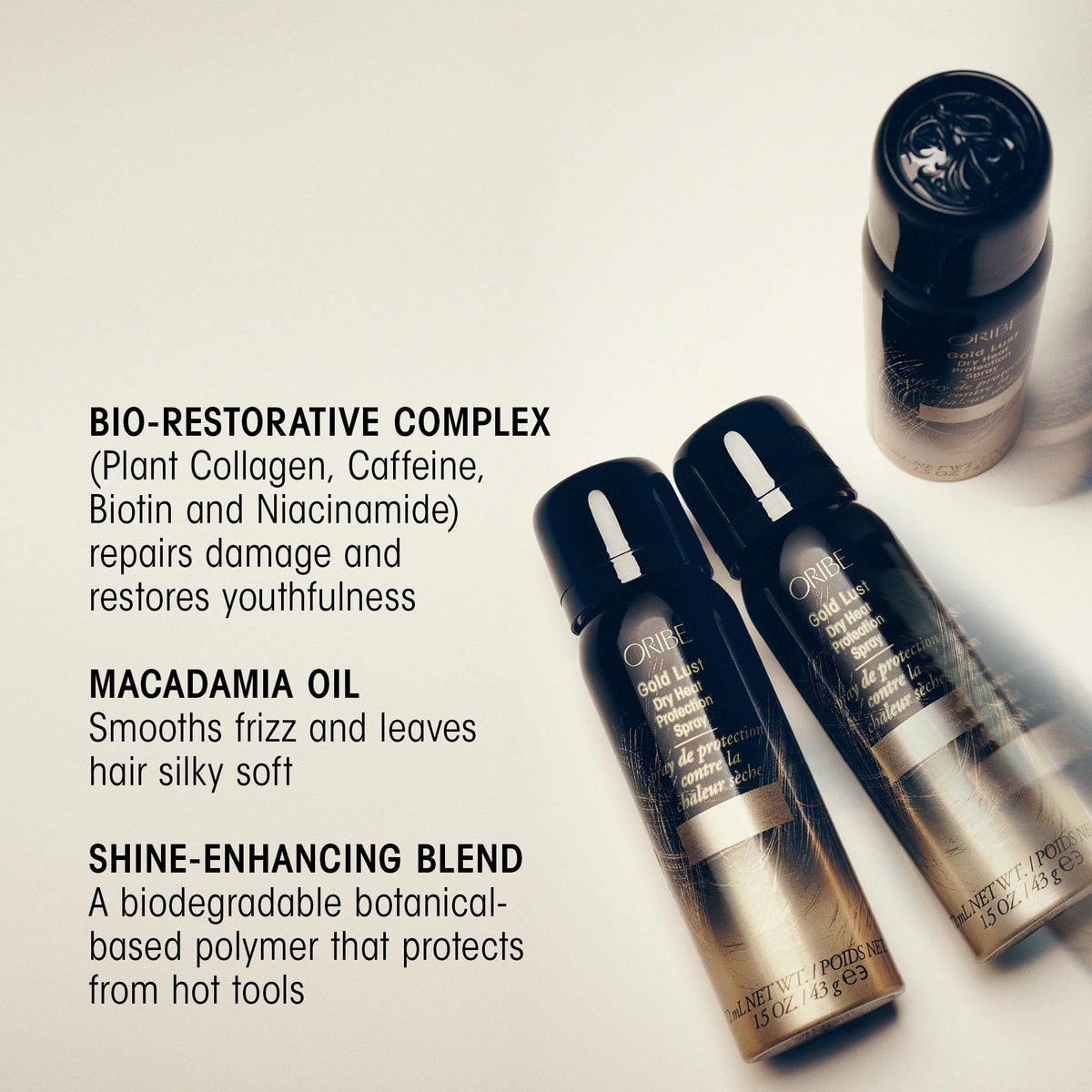 Close-up of ORIBE Gold Lust Dry Heat Protection Spray ingredients