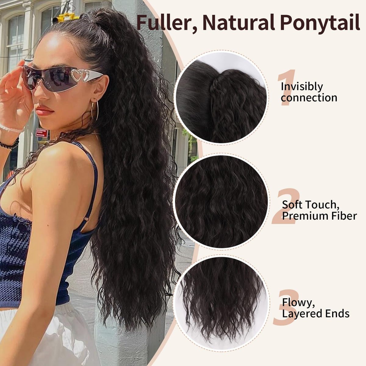Close-up of ORSUNCER ponytail extension showing claw clip