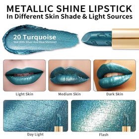 Close-up of Oulac Metallic Green Lipstick applied on lips