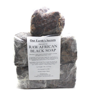 Close-up of Our Earth's Secrets Raw African Black Soap ingredients