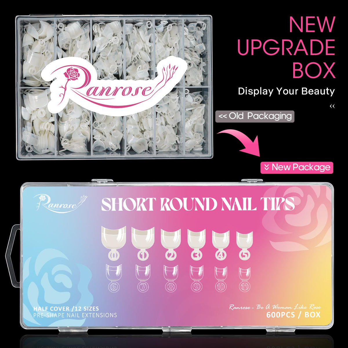 Close-up of oval short nail tips showing different sizes