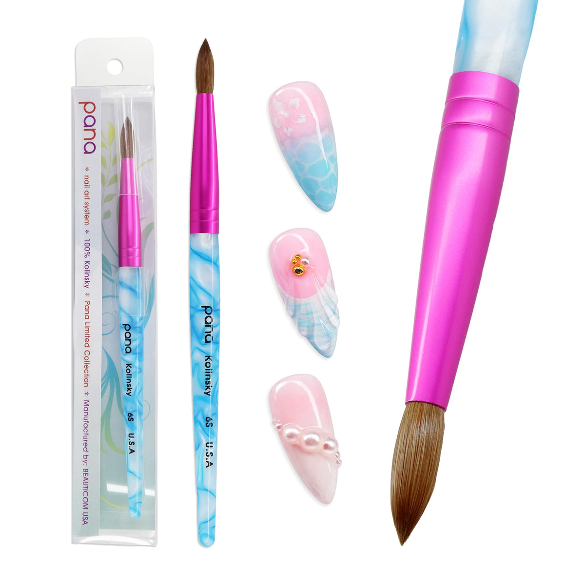 Close-up of PANA Kolinsky Nail Brush bristles and ferrule