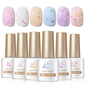 Close-up of pastel glitter gel polish in light nude pink