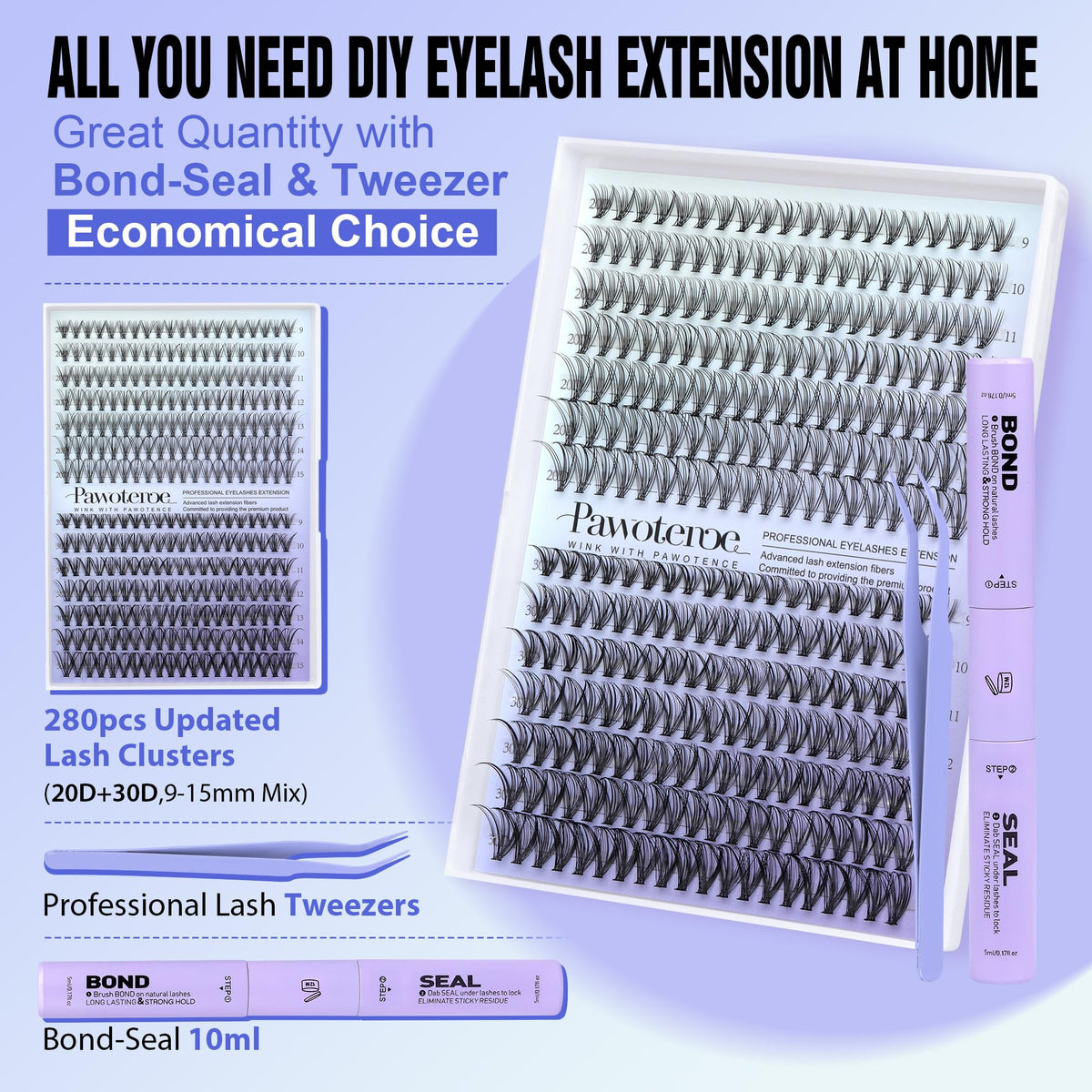 Close-up of Pawotence individual lash clusters in various lengths