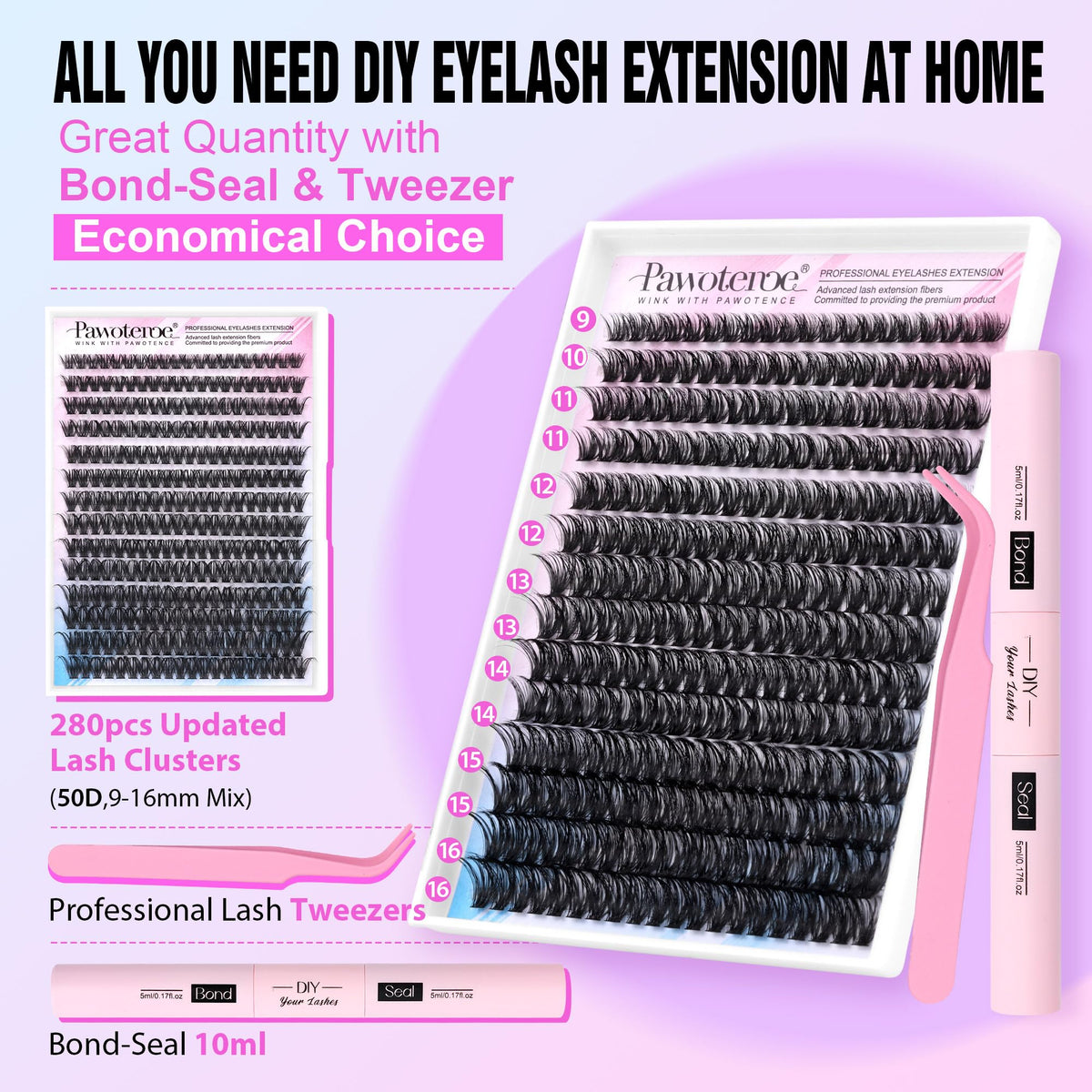 Close-up of Pawotence individual lash clusters in various lengths