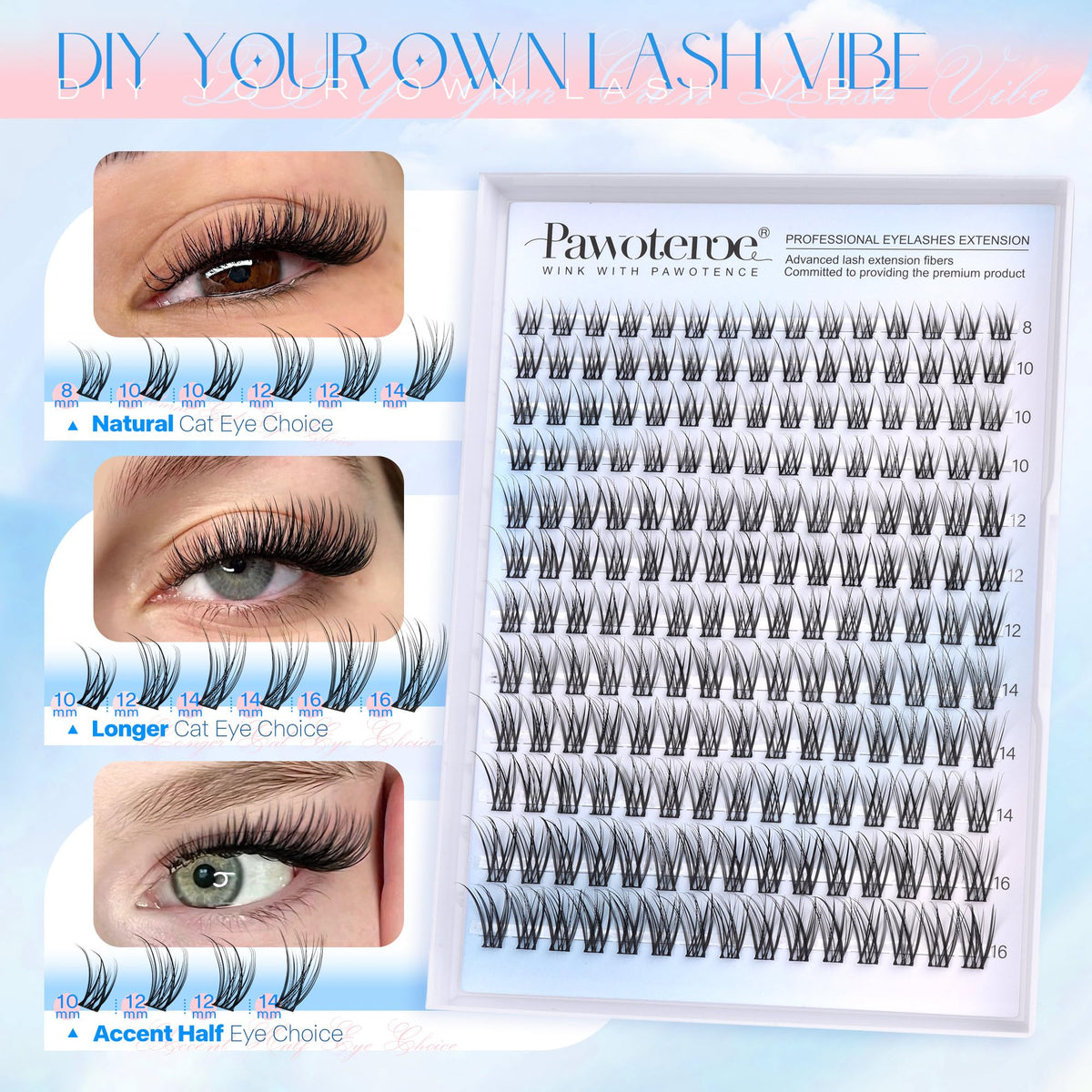 Close-up of Pawotence lash clusters in various lengths