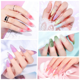 Close-up of PEACECOLOR nail polish bottles in purple, pink, red, yellow, green, and blue